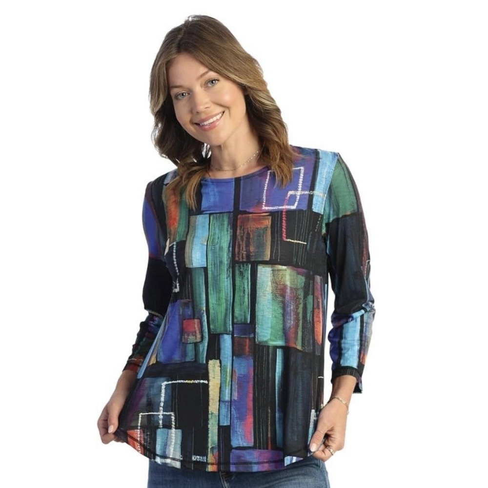 Jess & Jane Women's Sublimation Top Six XL Abstract Print Artsy Lagonlook Boho